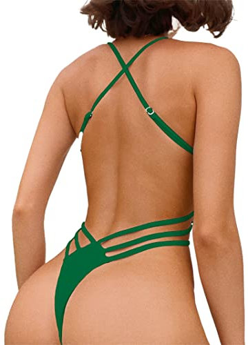 Faringoto Costume da bagno sexy da donna con perizoma, Verde, M