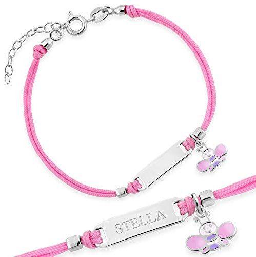 Maverton Bracelet Cordon en Argent Sterling 925 gravé - Bijou pour enfant avec Boîte personnalisable - Bracelet personnalisé - pour bébé - fille - anniversaire - baptême - rose - papillon