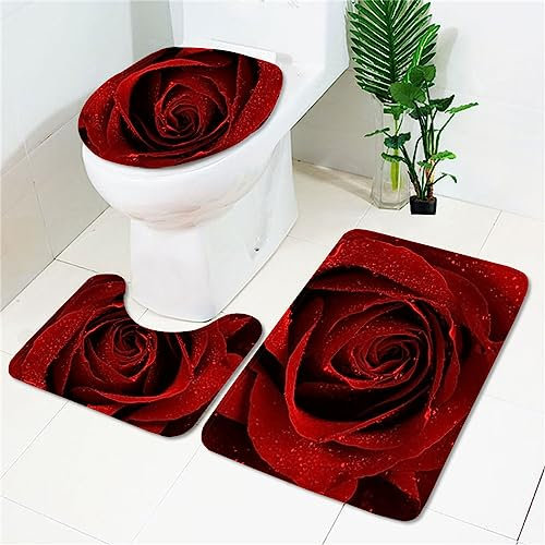 KdIor Badgarnitur Badematten Set 3 teilig rote Rose Muster Duschvorleger Atmungsaktivem Memory-SchaumTeppiche Angenehm Weiches Wasser Saugfähig Badezimmer Teppich rutschfest WC Vorleger