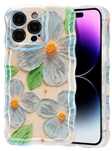 EYZUTAK Case for iPhone 13 Pro Max, Colorful Retro Oil Painting Flower Leaf Laser Glossy Pattern Cute Curly Waves Edge Exquisite Phone Cover Stylish Durable TPU Protective Case for Women - Blue Green