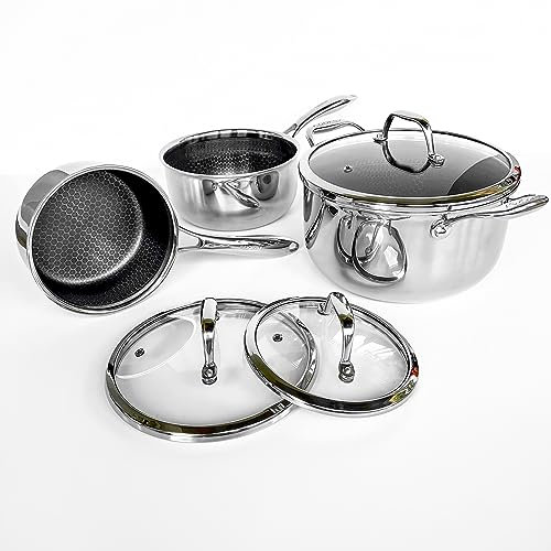 Cooksy 6-teiliges Topf-Set mit Wabenoberfläche, Hybrid-Edelstahl, 1,5, 3 und 6 Quart Töpfe mit Deckel