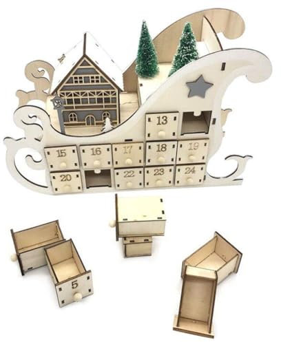 Luxylei Weihnachts-Countdown-adventskalender-Ornament, Baumhaus-Schlitten, Adventskalender Aus Holz, Countdown-weihnachtsparty-Dekoration, 24 Schubladen Led-licht-Ornament