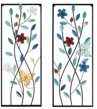 AOTISBAO 2 Stück 90,5x35,5cm Metall-Wandkunst-Dekor, Schmetterling mit Blumen, moderne Heim-Wanddekoration, Skulptur, große Metall-Wanddekoration mit Rahmen für Küche, Schlafzimmer, Wohnzimmer