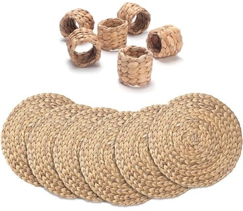 Rustic 6+6 Pieces Natural Handmade Placemats & Napkin Rings Set by Bubblemint | 30cm Boho Style Water Hyacinth Woven Wicker Seagrass Jute Dining Table Mat