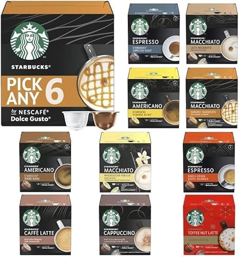 STARBUCKS Coffee Pods by Nescafe Dolce Gusto Pick Any 6 Packs from 7 Blends Including: Latte, Cappuccino, Espresso, Caramel, Grande and Many More