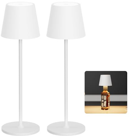 Coinmit 2 Stück LED Akku kabellose Tischleuchte Weiß, 3000K dimmbare Flaschenleuchte, Touchable Tischlampe, IP54 Tragbare Flaschenlampe geeignet für Innen Außen, 5000mAh, 3W, Wohnzimmer