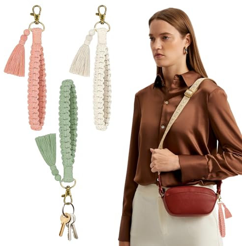RMENOOR 3 Stück Schlüsselanhänger Makramee Schlüsselband Handgelenk Boho Taschenanhänger Schlüsselanhänger Quaste Anhänger Schlüssel Geflochten Lanyard Keychain Boho Autoschlüssel für Handy Frauen