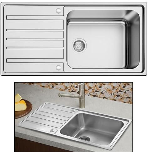 Modern Stainless Steel Kitchen Sink – Single Bowl with Reversible Drainer | 1000x500mm | Brushed Steel Finish | 0.8mm Thick | Inset Waste Set & Overflow Design & Deep Sink Bowl