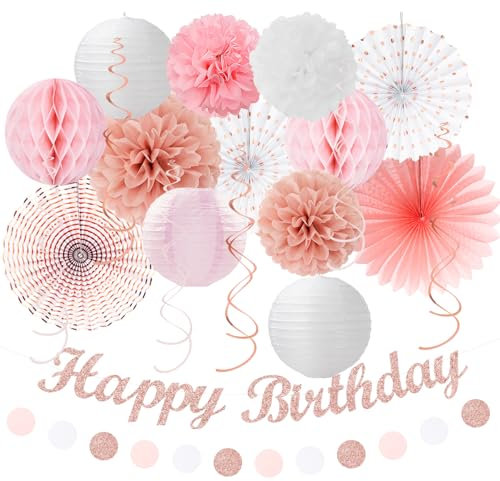 Pink White Rose-Gold Birthday Party-Decorations - 21pcs Happy Banner, Paper Lanterns,Tissue Pom Poms Flower Fan,Honeycomb Ball,Swirl Streamers Garland Supplies Decor Girls Women Huglony