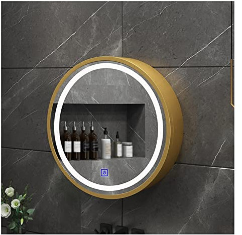 IisrAr Armoire de Toilette Ronde pour Salle de Bain, Armoire Murale LED, Armoire de Toilette intégrée avec lumière, avec Compartiment de Rangement (Couleur: Or, Taille: 60 cm)