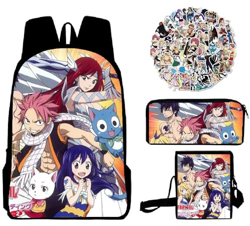 Xinchangda Fairy Tail Rucksack, Anime Natsu Dragneel/Erza Scarlet Schulrucksäcke Anime Studenten Schultasche + Federmäppchen + Schultertasche + 50 Aufkleber, Typ9, 30*13*40cm