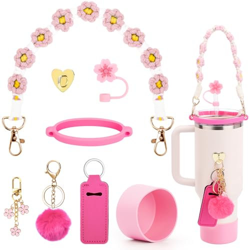 8PCS Stanley Accessories Set, Including Silicone Flower Straw Cover Cap, Stanley Cup Boot, Water Bottle Strap Handle, Decorative Charms for 30oz 40oz Tumbler (Pink)