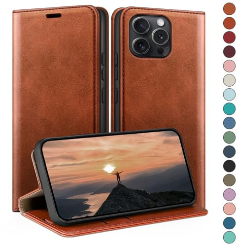 HUOUH für iPhone 15 Pro Max 6.7 Hülle mit RFID Schutzhülle aus Lederhülle Handyhülle,Kartenfach Leder ständer Handy hülle,360 Grad Schutz Cover für Apple 15 Pro Max Klapphülle Wallet Case Hellbraun
