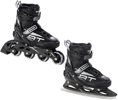 RAVEN Profession Inlineskates Inliner für Kinder und Erwachsene OPTIONAL 2in1 mit Schlittschuhen verstellbar (Black mit Kufen, 31-35 (20,5cm-23cm))