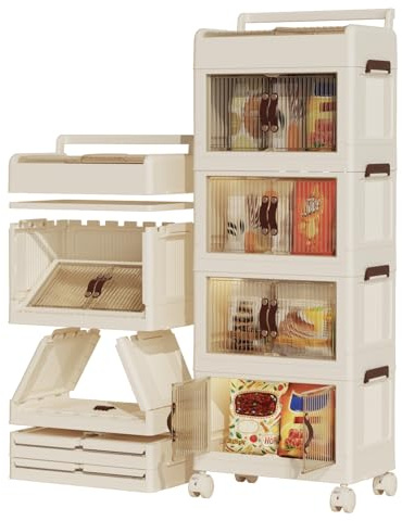 Heikoeco® Faltbare Schubladenboxen mit Deckel& Rollen, Rollcontainer mit Schubladen weiß, Schubladenschrank Kunststoff (Polypropylen) für Wohnung, Büro (4 Ebenen mit Flügeltüren)