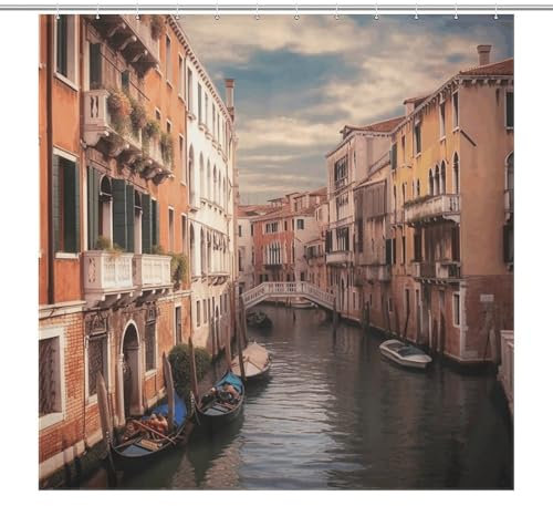 HKMNTGD Duschvorhang, schöner Venedig-Kanalblick, bedruckter wasserdichter Stoff, Duschvorhang mit rostfreien Ösen, 183 x 183 cm