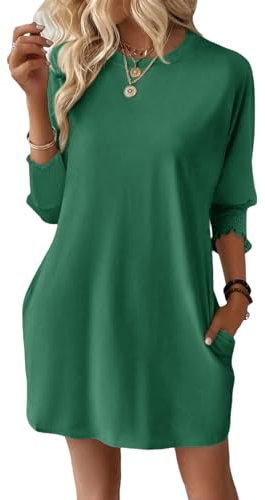 Dokotoo Womens Dresses Summer 2025 Fashion 3/4 Sleeve Elastic Smocked Crewneck with Pockets Solid Color Spring Casual Women's Mini Dress Dark Green S