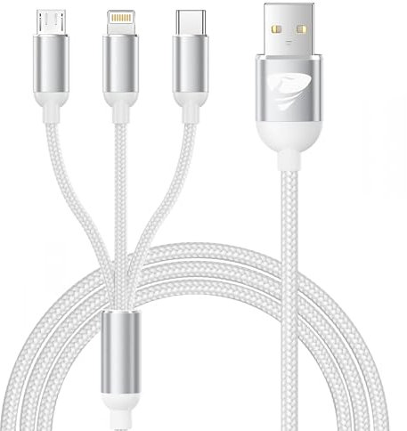 Multi Cavo di Ricarica,3 in 1 Multiplo Cavo USB Type-C 1.2M Ricarica Rapida Filo Caricabatterie Nylon Intrecciato Cavetto Micro USB Tipo C Lightning per Samsung iPhone Huawei Redmi Android OPPO,Bianco