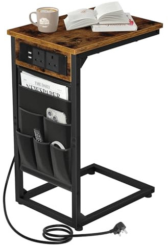 AMHANCIBLE C-Shaped Side Table, Bedside Table with Charging Station,2 USB & AC Outlets, End Table with Cloth Storage Bag, Sofa Table for Small Spaces, Coffee Table for Living Room, Brown HET04CBR-1
