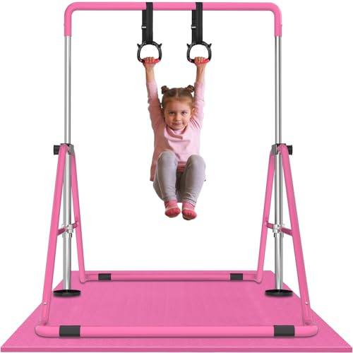 WATBKHE Barra de Gimnasia para niños, Ajustable y Plegable, Barra de Entrenamiento con Anillos, Barra Horizontal Resistente para niños y niñas (Rose)