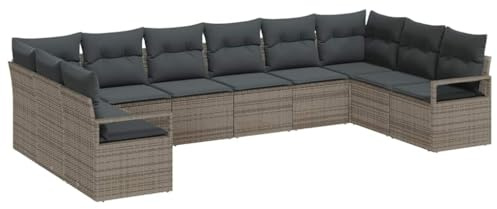 vidaXL Garten-Sofa-Set 10 pcs Grau Poly Rattan, Garten und Terrasse, modernes rechteckiges Sofa Set, modulare Möbel, verstellbare Füße, wetterfeste Loungesessel