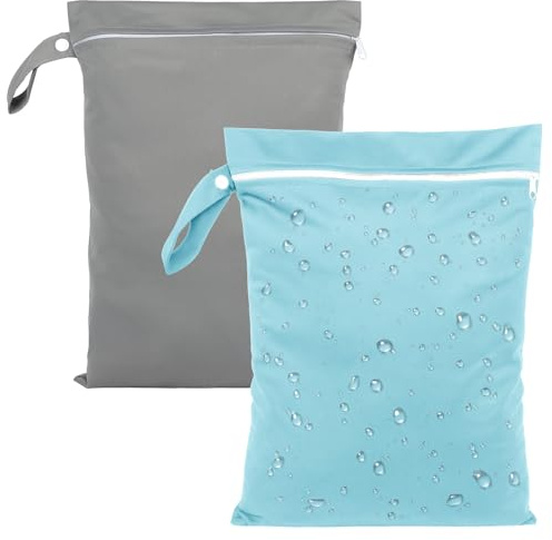 Deepton 2 Stück Nassbeutel 40 x 30 cm, Wasserdicht Wetbag Schwimmsachen | Nasstasche mit Reißverschluss, Wiederverwendbar Reise Wäschesack für Badeanzüge, Strandtücher, Windeln, Blau & Grau
