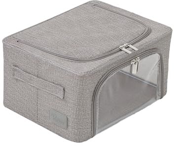 Periea ‘Beau’ Folding Collapsible Stackable Fabric Home Storage Boxes with Steel Frames (Grey Denim Effect, Compact)
