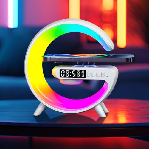 Wireless Charger Lamp, Alarm Clock with 15W Wireless Charging, G Shaped Atmosphere Lamp, Smart Table Lamp, Bluetooth Speaker 10 Modes Led Lights, Bedside Light Gifts for Teens Kids Boys Girls Bedroom