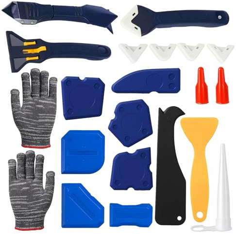 11 PCS Silicone Remover Tool, 5-in-1 Caulking Tool Kit with Stainless Steel Scraper, Sealant Finishing Tool for Bathroom, Kitchen, Floor, Window Caulk Removal and Application