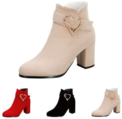 MJGkhiy Stivali Donna Con Tacco Blocco Eleganti Camoscio Stivaletto A Punta Invernali Nero Marroni Stivaletti Bassi con Cerniera Moda Chunky Stivale per Sera e Cerimonia