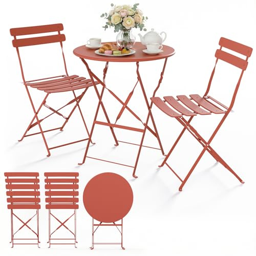 vounot® Ensemble de Bistrot Pliant Mobilier de Jardin en Métal 3 Pièces avec 1 Table et 2 Chaises Résistant aux Intempéries et aux UV pour Balcon Terrasse et Jardin Rouge Brique