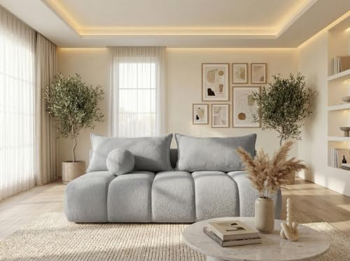 WFL GROUP Schlafsofa mit Bettkasten – 3-Sitzer Sofa Couch mit Schlaffunktion, Bettfunktion – Skandinavische Polstercouch im modernen Design – Weicher Bouclé, Bouclestoff – Hellgrau