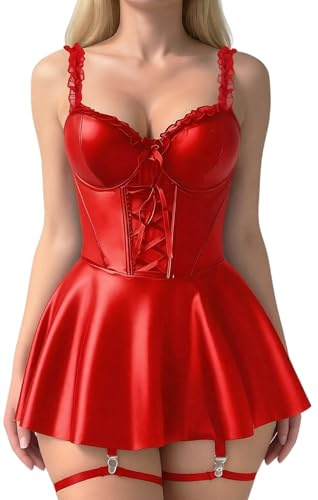 FEOYA Damen Sexy Lederkleid Wetlook Kleid Lackleder Minikleid Clubwear Partykleid A-Linie Frauen Unterwäsche Ärmellos Strumpfhalter