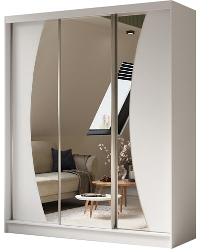 BEAUTY SOFA Vox - Schrank mit Spiegel - Kleiderschrank mit Schiebetüren - Garderobenschrank, Mehrzweckschrank, Flurschrank - 180cm breit - Weiß Matt