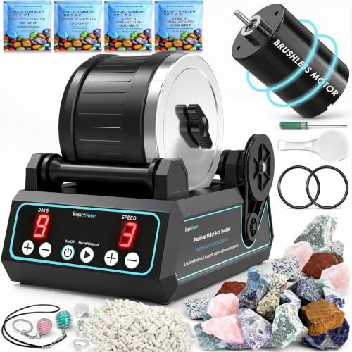 KomeStone K1 Pro Quiet Rock Tumbler Kit for Kids & Adults | Reliable 2.5Lb Hobby Rotary Rock Polisher, Long-Life Brushless Motor & Memory, Thick Rubber Barrel, Complete Kit For All Ages