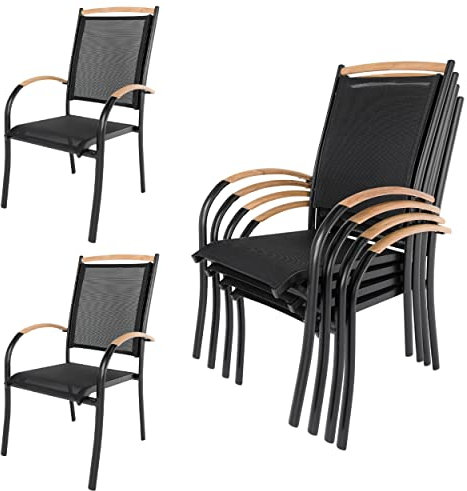 ib style - 6er Set Diplomat Stapelstuhl Schwarz | Gartenstuhlset Stapelbar | Aluminium Mehrfach gewebt Teak