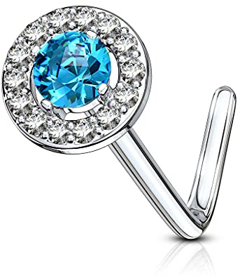 beyoutifulthings Nasen-Piercing Silber ZIRKONIA KRANZ Clear Aqua Nasen-Ring Nasen-Stecker L-Form Chirurgenstahl Stab-dicke 0,8-mm Stab-Länge 6-mm