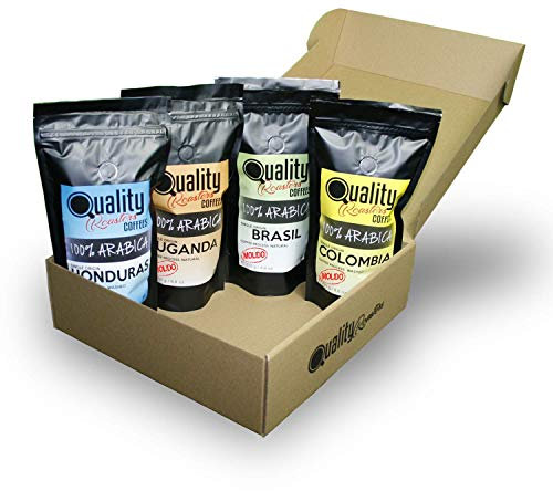 Café moulu par Quality Roasters Coffees. 100% Arabica. Coffret cadeau et dégustation. Mouture fine. 4 Origines : Colombie, Ouganda, Brésil, Honduras. 4 x 250 g. Rôti artisanal.