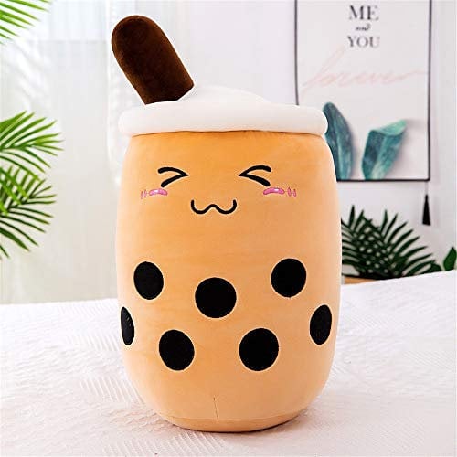 KOWAKA Boba Plushie Plush Pillow, Creative Bubble Milk Tea Cup Shaped Hugging Cushion Stuffed Toy (Brown Smile,M 13.8)