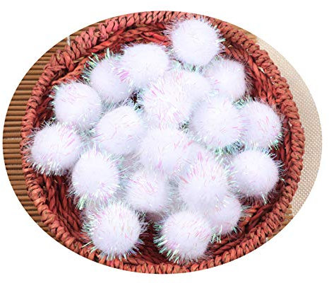 YYCRAFT Glitzernde Lametta-Pompons, glitzernde Kugeln für Bastelarbeiten, Party-Dekoration, Katzenspielzeug (25 mm, weiß), 100 Stück