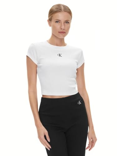 Calvin Klein Women’s Ck Cropped Rib Baby Tee, White (Bright White), S