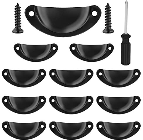 Vandicka 12 Pcs Vintage Half Moon Shell Cup Pull Handles for Cabinet Cupboard Door Dresser Wardrobe Drawer with Screws & Screwdriver, 65mm Hole Centres, Black