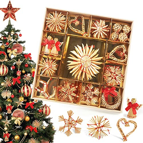 Bluelves Strohsterne Christbaumschmuck, 43pcs Strohsterne Set, Christbaumschmuck Stroh, Weihnachten Strohanhänger, Weihnachtsbaumschmuck Stroh, Natürlicher Christbaum-Behang für Weihnachtsbaum Deko