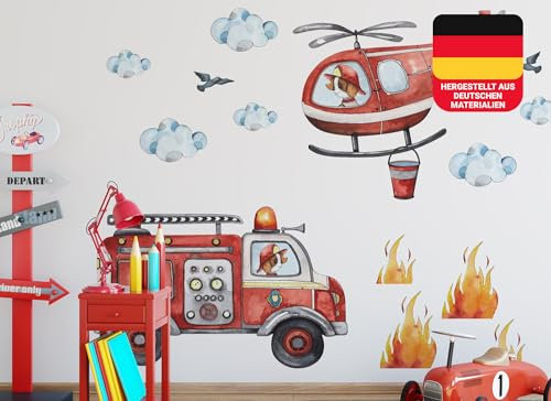 Osomhome | Wohnzimmer Wandtattoo Kinderzimmer Junge | Wandsticker Mädchen Babyzimmer Aufkleber | Feuerwehr Hubschrauber Wanddeko Schalfzimmer | os2800 170x130 cm