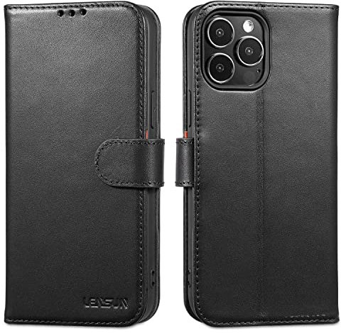 LENSUN Echtleder Hülle für iPhone 13 Pro Max 5G, Handyhülle [Echtes Leder][Magnetverschluss][RFID Schutz] Handytasche Lederhülle für iPhone 13 Pro Max - Schwarz