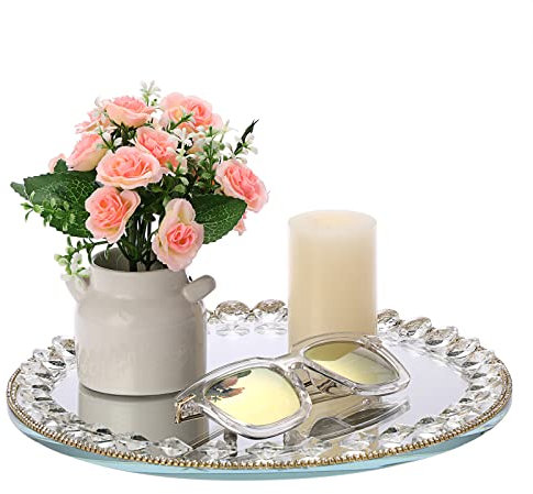 SUMTree Crystal Decorative Round Tray, Perfume Vanity Display Tray with Mirrored Base, Jewelry Trinket Organizer Tray for Dresser, Decorative Cake Serving Tray, Makeup Display Tray for Skin Care, 27CM