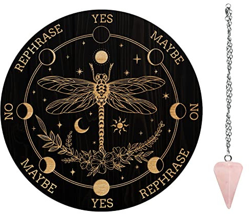 AHANDMAKER Libellen-Girlande Pendel Board, 7.8 Wünschelrute Wahrsagerei Metaphysische Message Board Hölzerne Carven Board mit Kristall Pendel Halskette Weissagung für Hexerei Wiccan Altarbedarf Kit