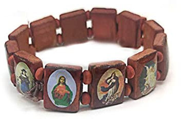 Fauitay 4-teiliges Holz-Rosenkranz-Jesus-Armband, elastischer Stretch-Armreif mit Bildern von religiösen Heiligen, katholisch, heilige Götter, Göttin, Gebetsmanifestation