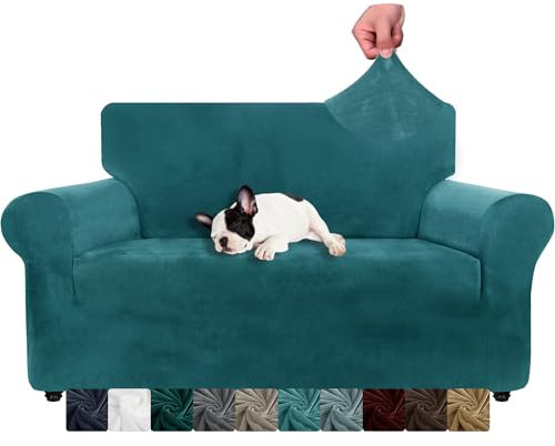XINEAGE Samt Sofaüberzug 2 Sitzer, Stretch Sofa überzug für Wohnzimmer, Dicke Weiche Sofaüberwurf, Rutschfester Sofa Cover für Hunde, Haustiere (2 Sitzer, Tealblau)