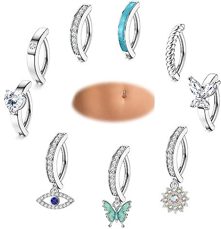 Finrezio 9 Stück 14G Clicker Bauchnabelpiercing Ring Chirurgenstahl für Damen Click Navel Gebogener Bauchnabelpiercing CZ Schmetterling Bauchring Piercing Schmuck